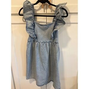 Gilli Denim boho fairy Ruffle Square Neck Smocked Babydoll Dress Blue Size S New